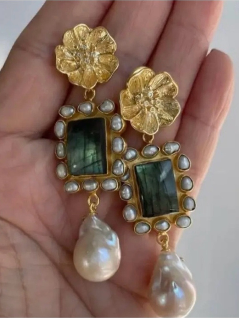 Gold Floral Emerald green & Pearl Drop Statement Earrings